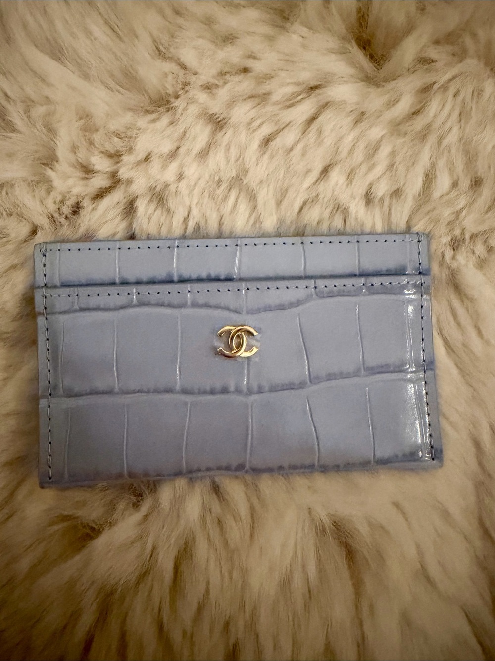 Chanel 26B Light Blue Croc Embossed Leather Cardholder with gold hardware